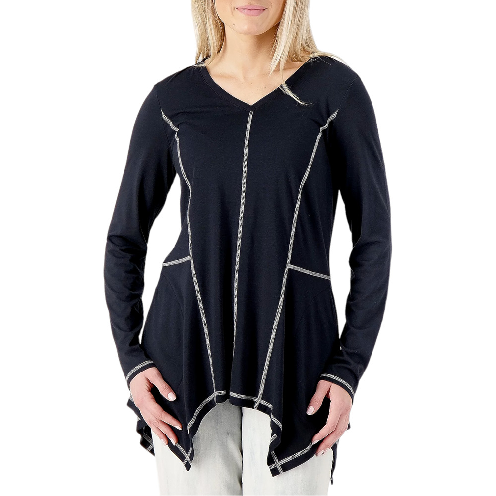 LOGO Long Sleeve Cotton/Modal Stitch Detail Asymmetric Hem Tunic, Black, Sz L